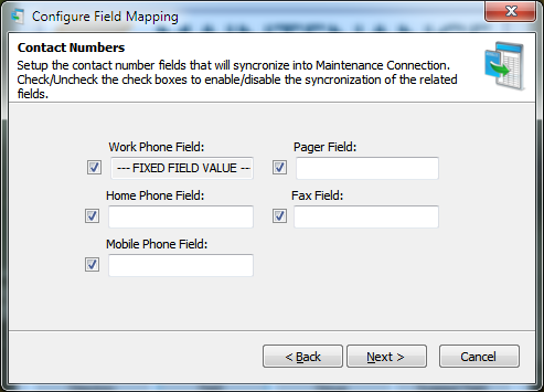 Configure Field Mapping Contact Numbers Screen